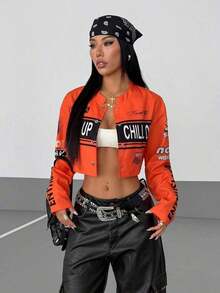 HypeZone Women's Streetwear Motorcycle Cropped Jacket,Ladies Spring/Fall Casual Button Front Drop Shoulder Stand Collar Loose White Colorblock,Letter Women Lightweight Jackets,Casual Daily Wear - 橘色 - 查看 12