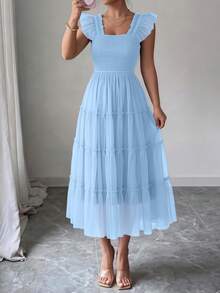 Women's Summer Tulle Midi Dress, Sleeveless Shirred Ruffle Flowy Mesh Dress, Party Bridesmaid Wedding Guest Vacation Sundress - Màu xanh nhạt - Xem 1