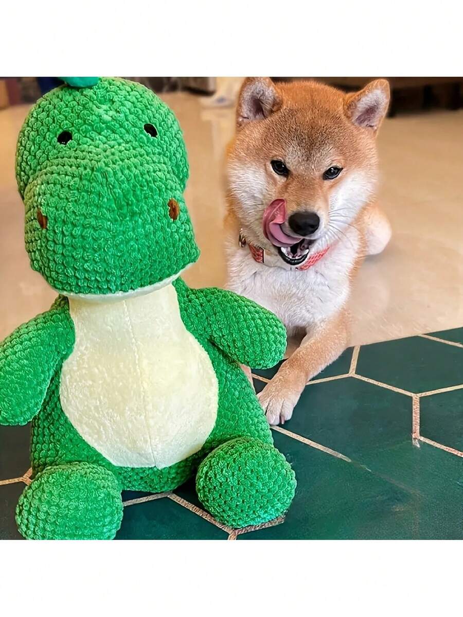 1 PC Cartoon Dinosaur Dog Toy, Plush Cat And Dog Toy For Self-Entertainment, Interactive Squeaky Bedtime Companion, Green, Pet Dog Toy, Durable, Teething, Teeth Cleaning, Interactive Training Toy - Multicolor - View 1