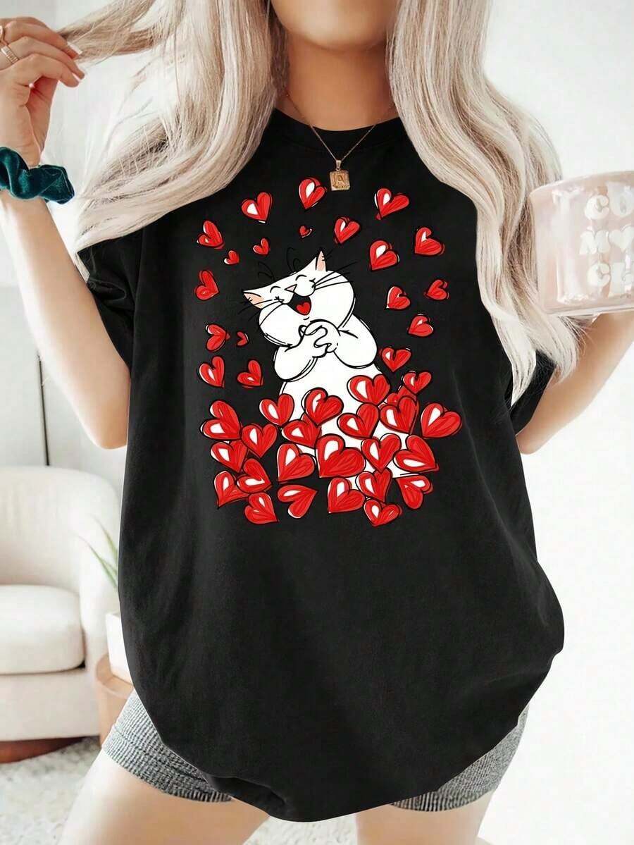Women's Short-Sleeved Crew Neck T-Shirt With A White Cat Print Surrounded By Red Hearts, Perfect For Winter. | Comfortable, Soft, Fashionable, Elegant, Vintage Style, Medium Stretch Fabric, Suitable For All Seasons, Multi-Color Options, Sizes S-XXL. Suitable For Spring, Summer, And Autumn. - Black - View 1