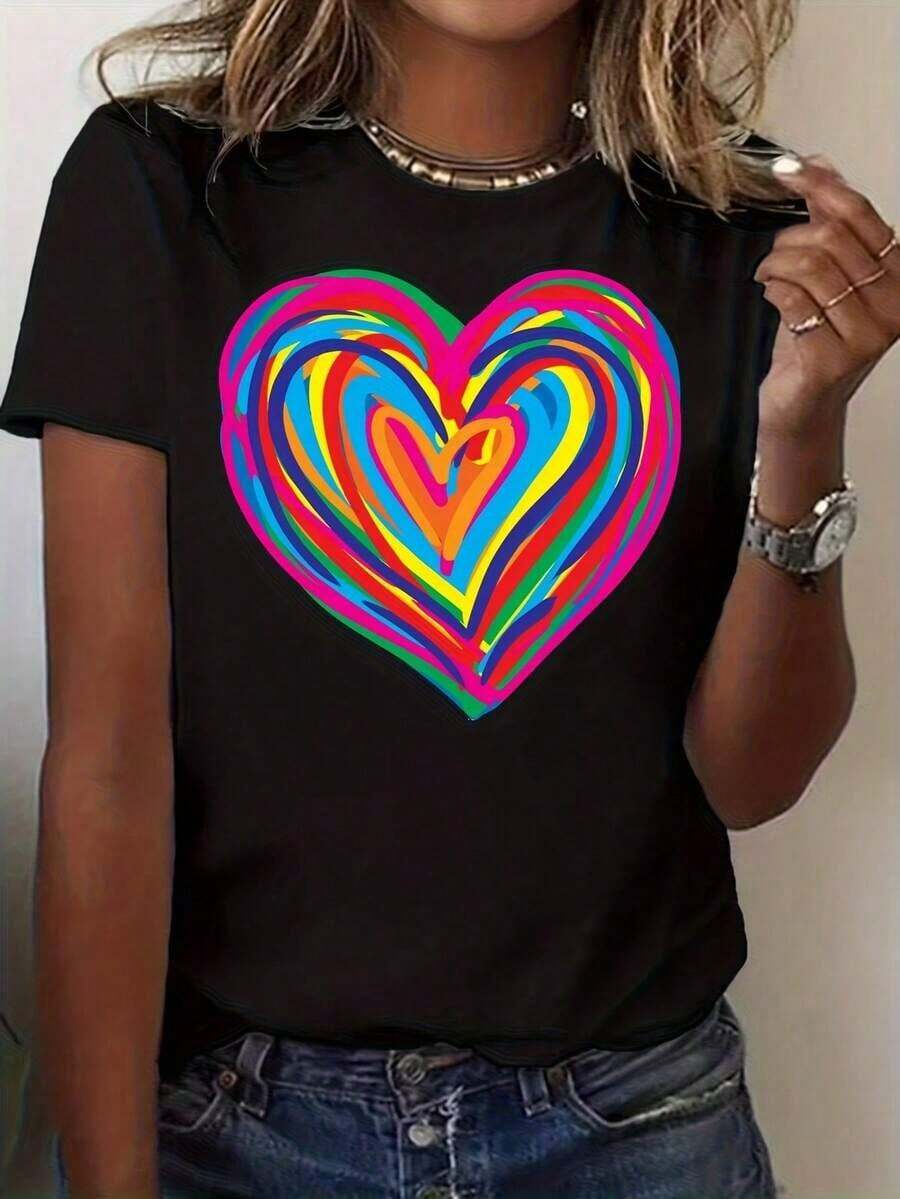 1 Piece Women's Short Sleeve T-Shirt With Colorful Heart Print - Iridescent Multicolor Rainbow Design, Relaxed Fit, Round Neck, Casual Top, Machine Washable, Comfortable For All Seasons, Ideal For Valentine's Day And Casual Outfits, Base With Multicolor Heart Pattern (Pink, 180g, 100% Cotton). - 黑色 - 查看 1