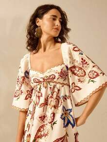 Vestido corto casual de vacaciones vintage con estampado floral tropical bohemio para mujer - Multicolor - Ver 1
