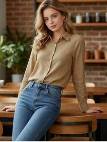 Women's Cotton Linen Blouse With Long Sleeves, Plus Size - 棕色1 - 查看 4