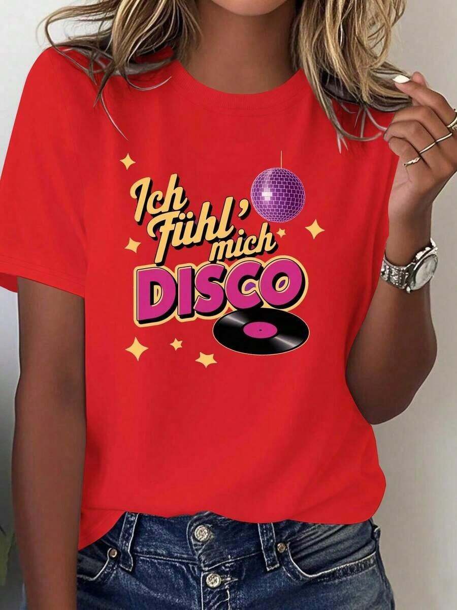 ComfortableCamiseta retro de los 80 de Disco alemana para mujeres - Diseño con "No puedo sentir mi cara" y "Fiesta Disco" con gráficos de bola de Disco y pista de baile - Camiseta suave y ca - Rojo - Ver 1