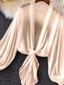 de punto con mangas farol y lazada delantera para mujer, prenda ligera de verano - Rosa Pálido - Ver 2