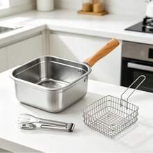 3Pcs Square Stainless Steel Deep Fryer Pot Set With Frying Basket & Tongs, Multi-Purpose Deep Cooking Pan, Ideal For Chips, Fried Food & Boiling, Household Kitchen Cooking Tool - View 2