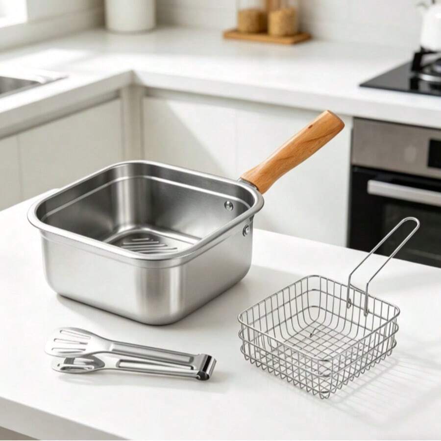 3Pcs Square Stainless Steel Deep Fryer Pot Set With Frying Basket & Tongs, Multi-Purpose Deep Cooking Pan, Ideal For Chips, Fried Food & Boiling, Household Kitchen Cooking Tool