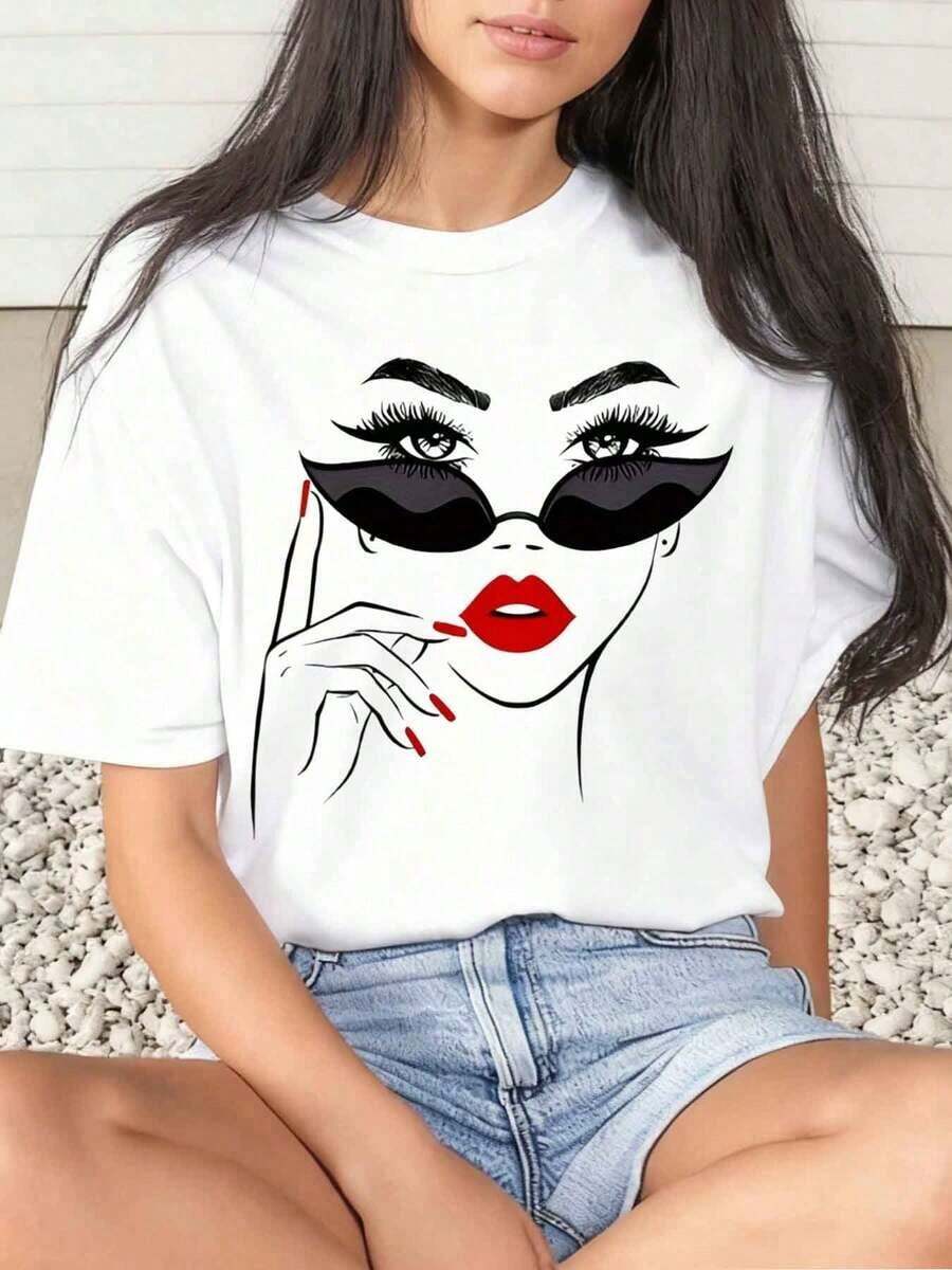 1 Piece Women's T-Shirt With Print Of A Woman's Face With Sunglasses And Red Lips, For Carnival And Daily Use, Round Neck, Short Sleeve, Soft And Comfortable, 220g/180g, 100% Cotton - 白色 - 查看 1
