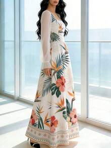 YHHModelyn Vestido de manga farol de cuello cuadrado con estampado floral diminuto, vestido largo elegante con cintura ceñida para verano y uso diario, vestido floral negroYHH - Multicolor - Ver 5