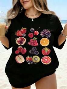 Camiseta de Verano Fresca con Estampado de Frutas, Camiseta Oversize Casual para Mujer, Camiseta Gráfica Holgada para Playa de Verano con Diseño de Fresa, Cereza, Uva, Naranja, Frambuesa, Manzana y Kiwi para un Atuendo de Moda para Vacaciones. - Negro - Ver 7