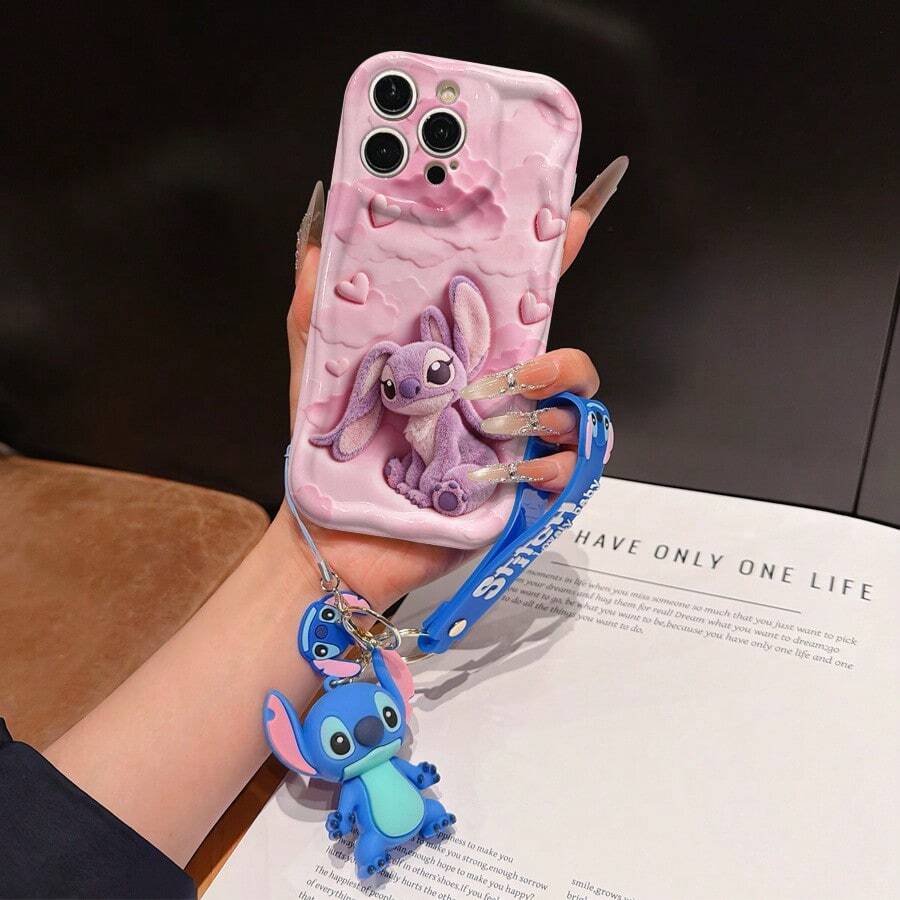 Disney Lilo And Stitch Phone Case : 3D Fluffy Pattern Border Protector Phone Soft Phone Case With A Free Cute Stitch Bracelet Chain Lanyard, Stitch, Lilo, Angel, For Apple 17 Promax 17 Pro 16 15 14 13 12 11 Pro Max XS Max X XR Soft Cover Summer Phone Case - trắng - Xem 1