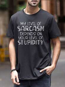 Men's Slogan Graphic Crew Neck Short-Sleeved Casual Versatile T-Shirt - 黑色 - 查看 2