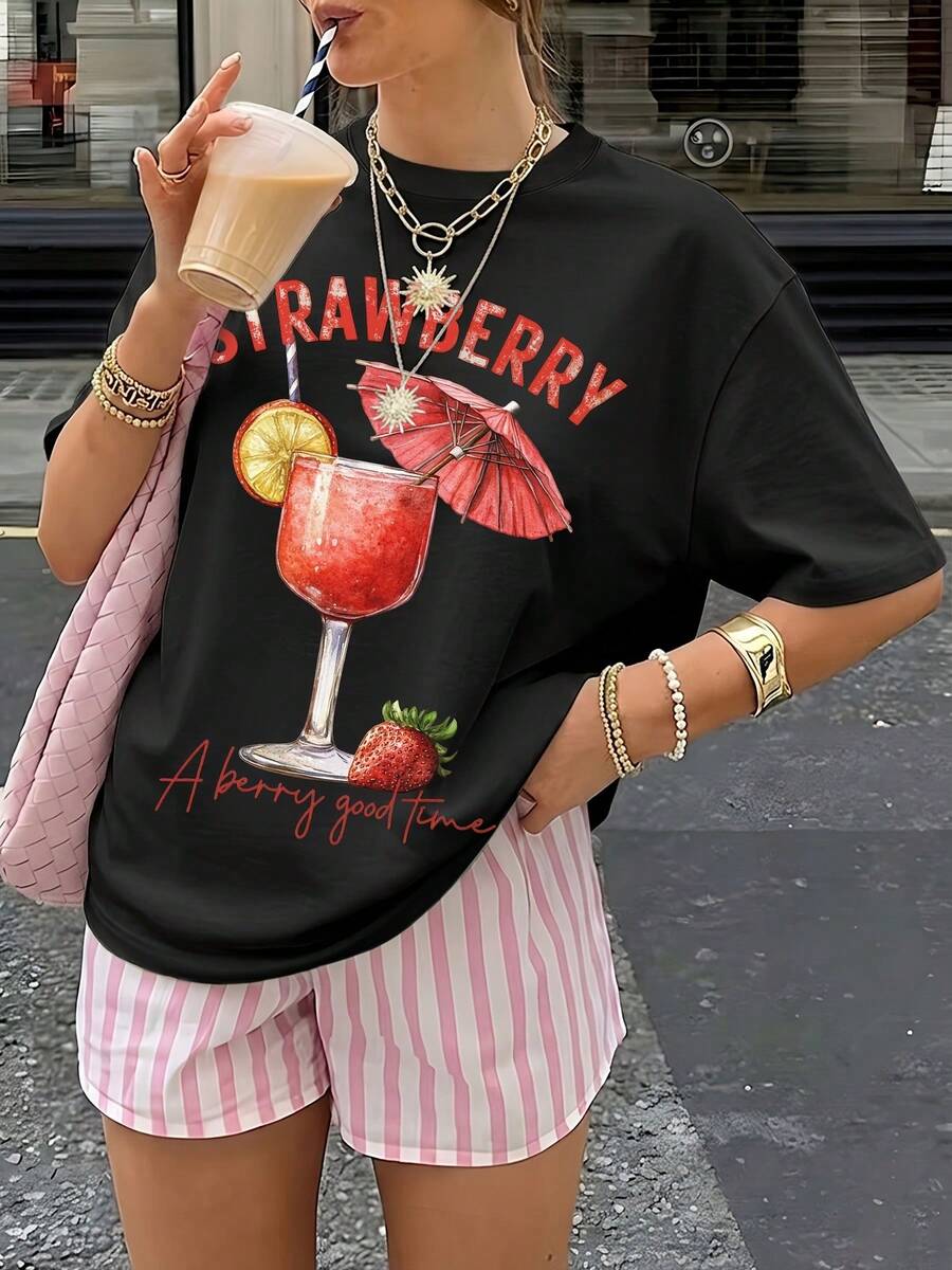 Camiseta de mujer con estampado de plantas de fresa, camiseta casual de manga corta con cuello redondo, adecuada para vacaciones, fiestas y uso diario - Camiseta unisex de algodón suelto de manga corta y cuello redondo estilo vintage, blusas para mujer. blusas.blusas casuales para dama. - Negro - Ver 1