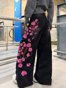 1件女款美式街頭風破洞刺繡寬腿牛仔褲，寬鬆四季牛仔長褲（不含腰帶/配件）休閒 - 玫紅色 - 查看 3