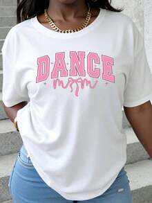 Women's Minimalist Modern "Dance Mom" T-Shirt With Pink Lettering, White Round Neck, Gift For Dancer Mom, Casual Summer Top For Everyday Wear - 白色 - 查看 1