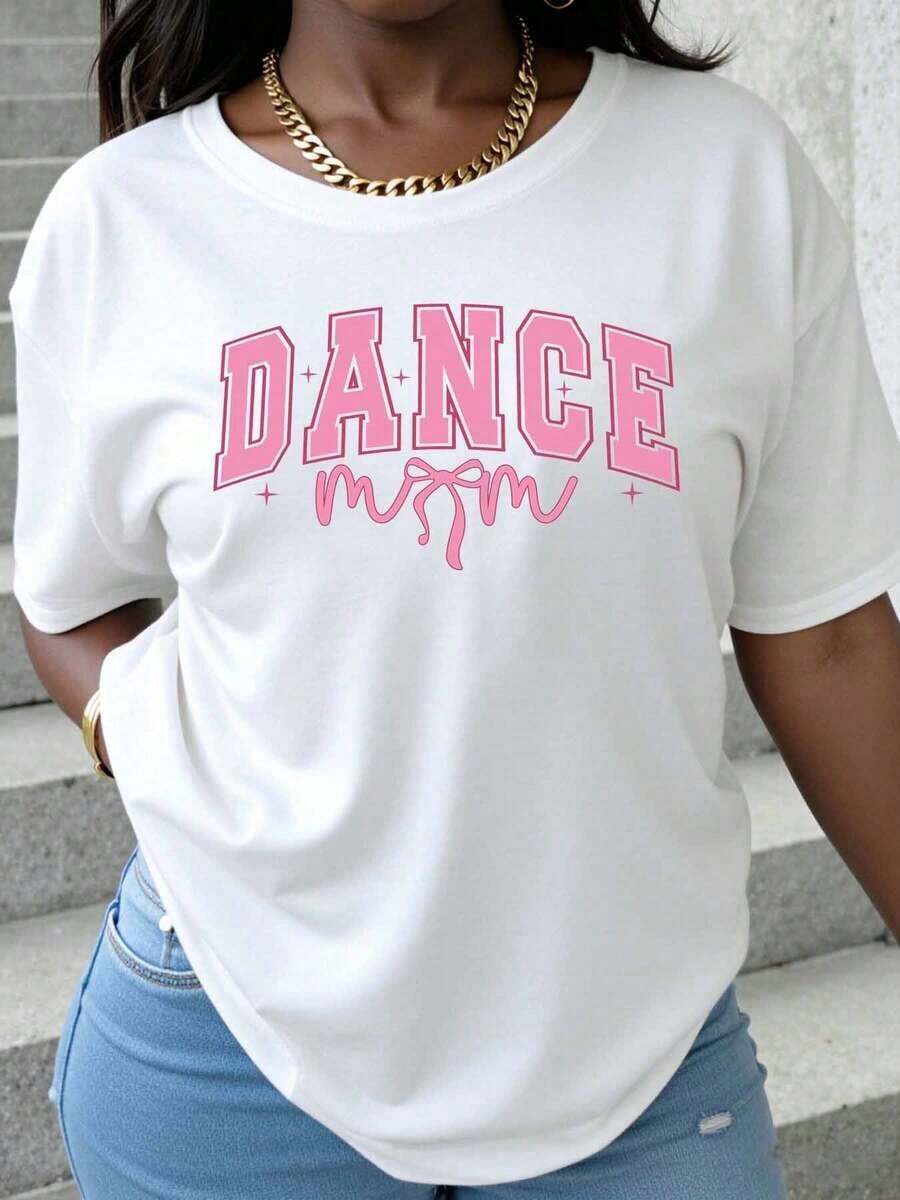 Women's Minimalist Modern "Dance Mom" T-Shirt With Pink Lettering, White Round Neck, Gift For Dancer Mom, Casual Summer Top For Everyday Wear - 白色 - 查看 1