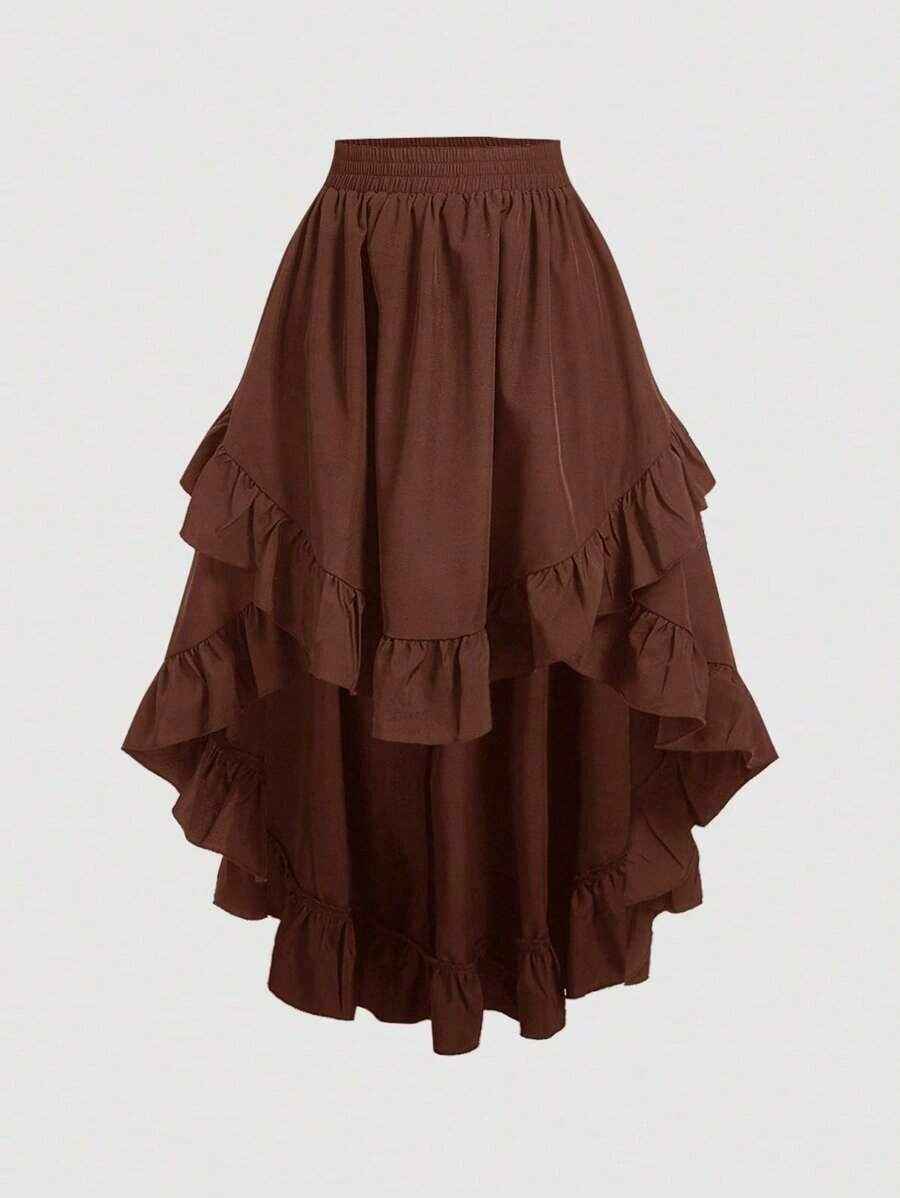 MOD Women's Plus Size Burgundy Ruffled Skirt, Vintage Burgundy Ruffled Skirt - Brown - View 1