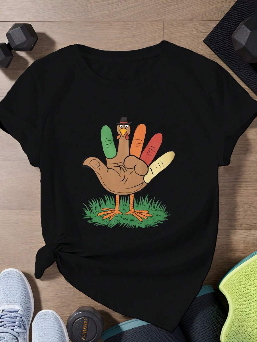 Camiseta deportiva de manga corta para mujer de talla con diseño de pavo de dibujos animados. - Negro - Ver 1