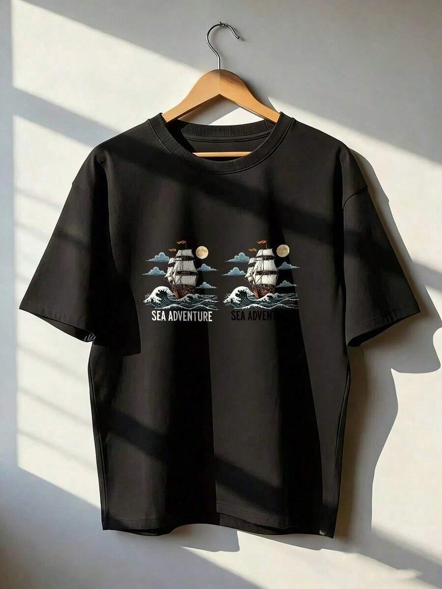 Short-Sleeve T-Shirt With Maritime Adventure Theme, Fashionable Short-Sleeve T-Shirt For Spring And Summer 2026, Made In Mexico, 180 Grams. Cartoon Print, Couple Design, Suitable For Indoor Or Outdoor Wear. Crew Neck, Unisex, Ideal For Office And Leisure. One-Piece Pack. - BK-P631577SLNDXZGY526 - 查看 1