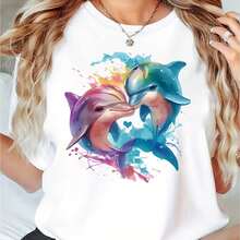 Women's And Unisex Dolphin Print T-Shirt, Soft And Breathable - Lightweight Summer Beachwear With Colorful Dolphin Graphics And Jumping Dolphins, Casual Short Sleeve Crew Neck T-Shirt, Machine Washable, Comfortable For The Pool, Vacation, Casual Wear - 白色 - 查看 6