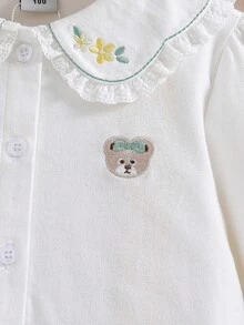 Girls' White Long Sleeve Cotton Collared Shirt Tee, Autumn - White - View 4