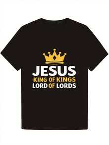 Jesus King Of Kings Lord Of Lords T-Shirt - Christian Clothing With Golden Crown And Jesus Lettering, Soft And Breathable Cotton, Crew Neck And Short Sleeve For Men, Women, Teens - Church Events, Easter, Christmas, Bible Study - With Gold Lettering - 黑色 - 查看 1