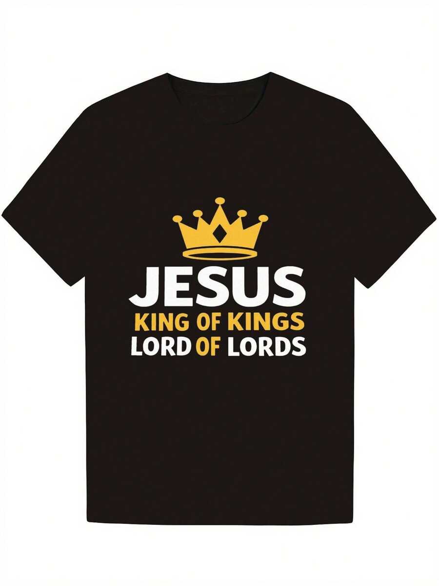 Jesus King Of Kings Lord Of Lords T-Shirt - Christian Clothing With Golden Crown And Jesus Lettering, Soft And Breathable Cotton, Crew Neck And Short Sleeve For Men, Women, Teens - Church Events, Easter, Christmas, Bible Study - With Gold Lettering - 黑色 - 查看 1
