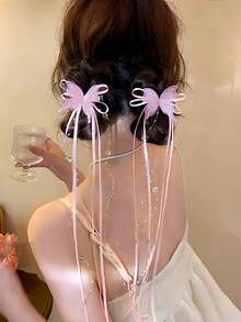 2 pièces/set Pinces à cheveux avec nœud papillon à gland bleu éthéré, design papillon transparent + Bandeau à chaîne de perles fausses à gland éthéré, essentiel pour la saison des mariages - Convient aux femmes et aux filles, adapté pour le quotidien, les rendez-vous, les sorties, l'école, les séances photo dans divers scénarios, crée facilement l'ambiance, l'été, les vacances, les voyages, les festivals, les anniversaires - Multicolore - Voir 2