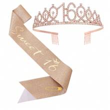Rose Gold Birthday Crown Strap Set, Rhinestone Number Crown + Glitter Strap, Women's Birthday Party Decor Accessories - Multicolor - View 15