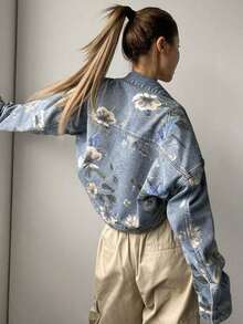 Chaqueta vaquera con estampado floral y cuello abierto, estilo Y2K para mujer - Azul lavado medio - Ver 5
