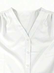 Blusa de manga larga de moda para mujer, diseño de cuello en V de unicolor, esencial para el trayecto en primavera, color negro - Blanco - Ver 4