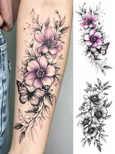 2 Sheets Big Size Body Art Temporary Tattoo Stickers For Women, Black Color Flowers And Butterfly Mixed Pattern, Waterproof Fake Tattoo, Lasts 2-5 Days, Covering Scars,Can Be Used On Arms Wrist Shoulders Legs Waist Neck Hand Chest Thighs Finger Ankle, Suitable For Parties, Gifts, Vacations, Body Decoration