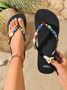 OXLL Luxury Rhinestone & Colorful Stone Embellished Thick-Sole Flip Flops, Fashionable Versatile Street-Style Platform Thong Sandals, Thick-Sole Summer Beach Slippers, Soft Bohemian Style Holiday Flat Slides, Original New Design - Black - View 2