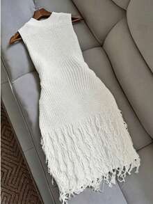 Women's Summer Outfit New Hollow Texture Tassel Hem Slimming Fit Suitable For Daily, Commute, Date Wear Short Tank Top Tassel Dress White - White - View 2