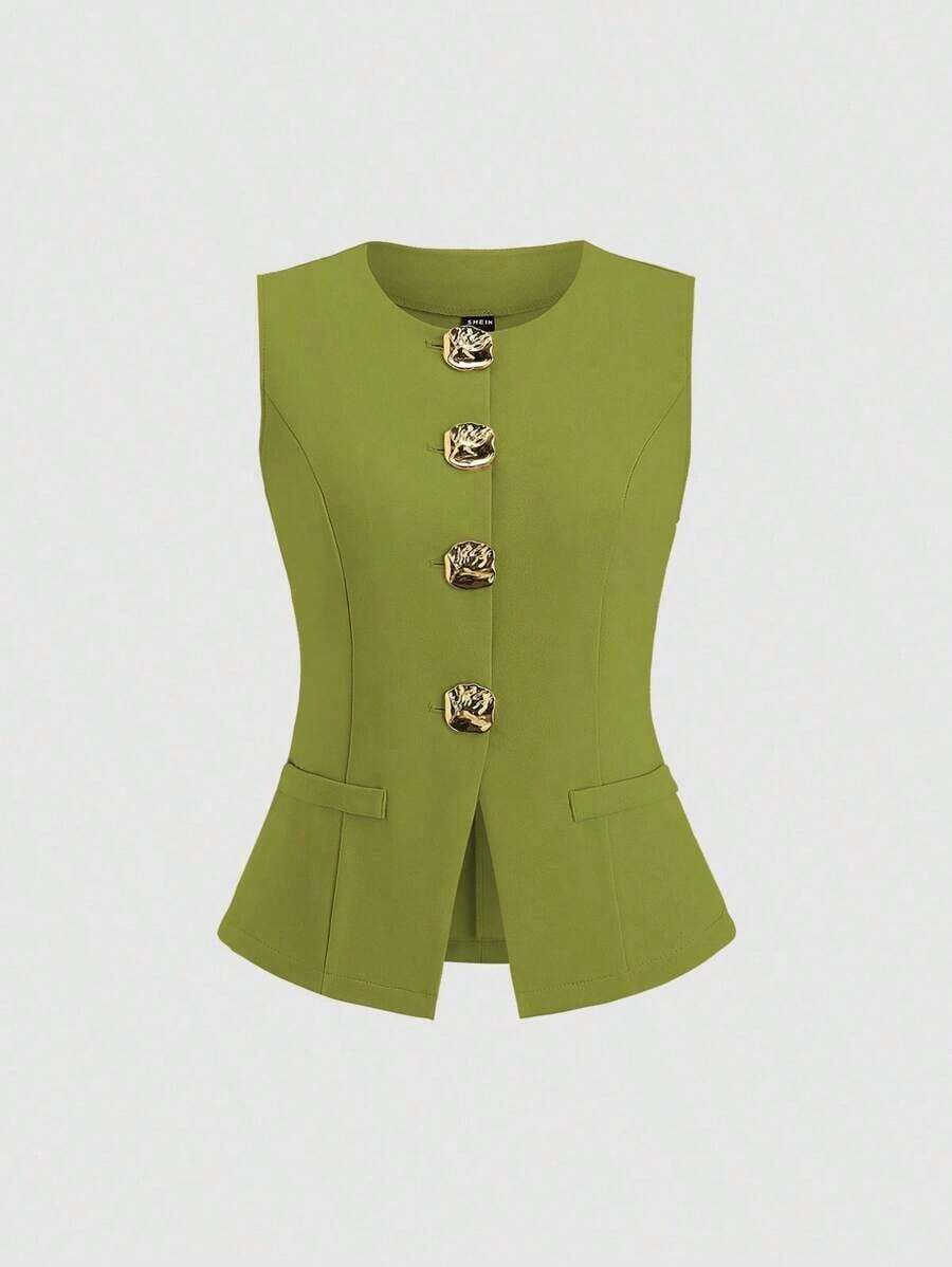 2026 Tall Women's Minimalist Basic Sleeveless Top With Large French Style Metal Buttons - 藍色 - 查看 1