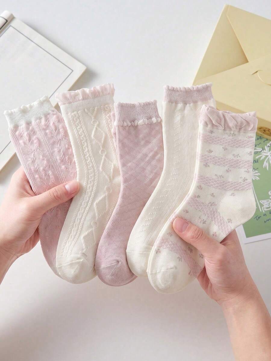 5 Pairs Cute Ruffle Trim Knee High Socks For Women, Soft & Comfortable, Student Style, Suitable For All Seasons In Pink & White - Multicolor - View 1