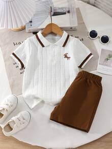 2pcs/Set Young BoyCute Pony Embroidery Polo Collar Short Sleeve T-Shirt And Casual Shorts Set, Summer - Coffee Brown - View 7