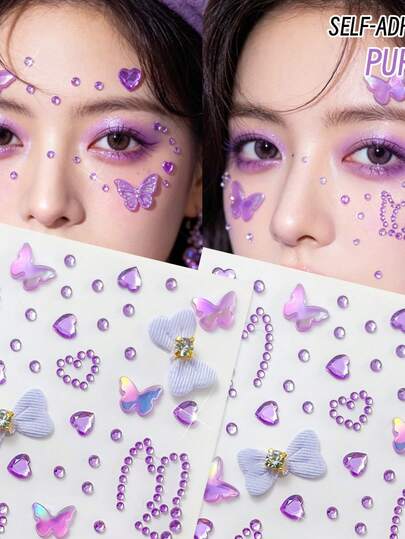 3D Lila Fjärils Ansiktsjuveler Klistermärken Självhäftande Strass Ansiktsjuveler Rosett Hjärta Kristall Ansiktsklistermärken För Festivalfest