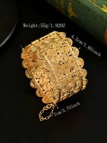 1pc Gold Hollow Floral Engraved Wide Cuff Bracelet, Jewelry For Women - Gold - View 6