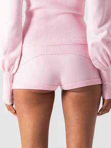 Women's Knit Shorts Casual Slim Fit Stylish Solid Color Buttons Ribbed Elastic Low Rise Shorts - Pink - View 2