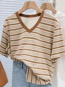 Nueva Ropa 2026 , Camiseta Casual de Manga Corta con Cuello Redondo y Estampado Floral con Textura de Leopardo para Mujer, Verano - Multicolor 2 - Ver 3