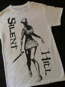 Camiseta con estampado de enfermera de juego de terror Y2K, estilo vintage lavado, para chicas atrevidas de la subcultura, de manga corta y corte holgado [Nian Nian], camiseta elegante adecuada para fiestas. - Negro - Ver 3