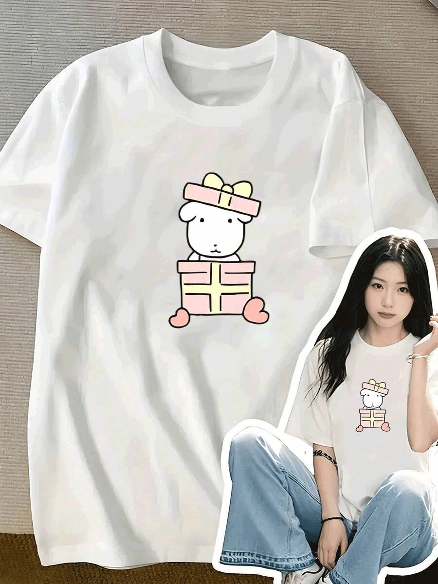 Women's T-Shirt - 100% Pure Cotton Short Sleeve T-Shirt For Women - Fun Korean Style Graffiti Design With "Puppy Hiding In A Gift" Print, Y2K Style, Casual Loose Fit, Round Neck, Fashionable And Comfortable For Spring, Summer And Autumn. - 白色 - 查看 1