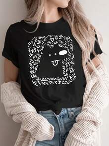 Women's T-Shirt, Casual Sports T-Shirt For Ladies, Round Neck T-Shirt, Cartoon Face Design, Cartoon Graphic, Female Graffiti, Artistic Design, Casual Everyday Wear, Unique Expression Pattern, Artistic, Modern, Comfortable, Ideal For All Seasons. - 白色 - 查看 8