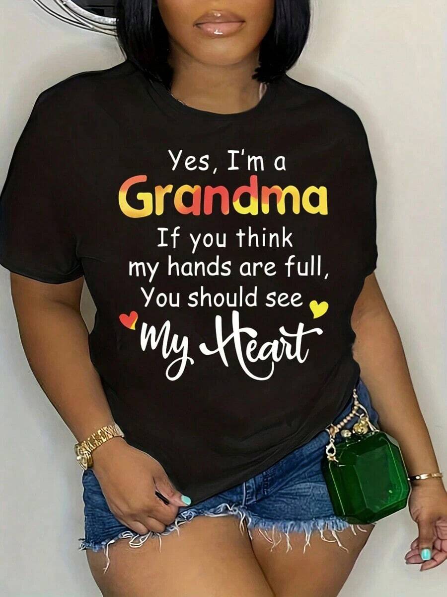 Plus Size Granny Print T-Shirt, Casual Short Sleeve Top For Spring And Summer, Plus Size Women's Clothing, Cotton T-Shirt. - 黑色 - 查看 1