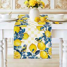 1pc Summer Lemon Bird Tablecloth, Blue Floral Coarse Linen Tablecloth, Geometric Pattern Seasonal Coffee Table Center Decor For Home, Kitchen, Dining Room, Party, Indoor & Outdoor - Blue - View 4