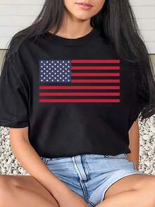1 Piece Women's T-Shirt With American Flag Print, Casual For Everyday Wear, Round Neck, Short Sleeve, Soft And Comfortable, 220g/180g 100% Cotton - 黑色 - 查看 6