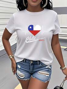 Women's Pure Cotton Short-Sleeved T-Shirt With Chile Flag Print And Heartbeat Design, Modern And Fashionable Short-Sleeved Round Neck Women's Clothing, Versatile For Casual Daily Wear, Sports And As A Gift. - 白色 - 查看 1