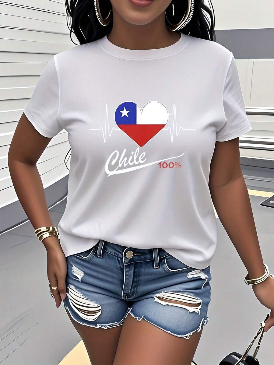 Women's Pure Cotton Short-Sleeved T-Shirt With Chile Flag Print And Heartbeat Design, Modern And Fashionable Short-Sleeved Round Neck Women's Clothing, Versatile For Casual Daily Wear, Sports And As A Gift. - 白色 - 查看 1