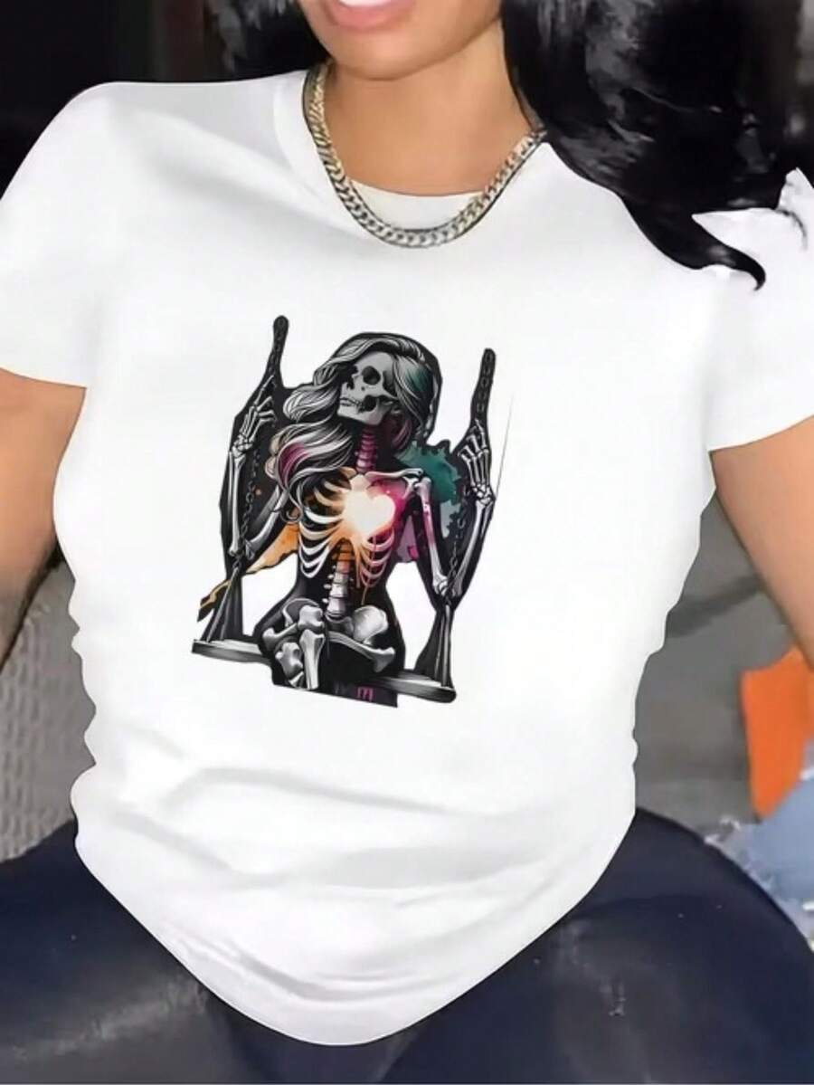 Women's Plus Size Short Sleeve Summer T-Shirt, Round Neck, Breathable, With Gothic Skeleton Girl On A Swing Print Design, Suitable For All Seasons, Simple, Perfect For Holiday Gifts, Daily Wear, Ideal For Cool Summer Days. - 白色 - 查看 1